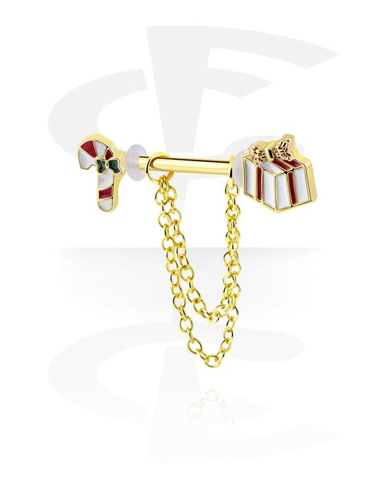 Brustwarzenpiercings, Brustwarzen-Barbell mit Weihnachts-Design und Kette, Vergoldeter Chirurgenstahl 316L