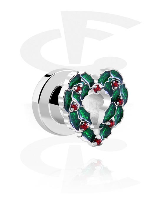 Alagutak és dugók, Screw-on tunnel (surgical steel, silver) val vel heart-shaped Christmas wreath, Sebészeti acél, 316L