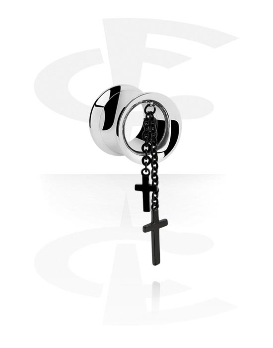 Tunnels & Plugs, Double flared tunnel (surgical steel, silver) avec Pendentif croix, Acier chirurgical 316L