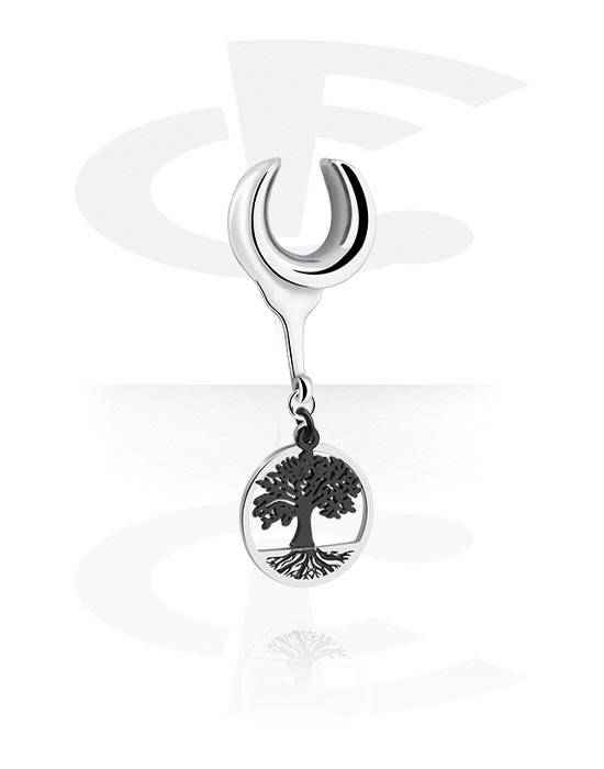 Tunnels & Plugs, Half tunnel (steel, silver, shiny finish) with tree charm, Stainless Steel 316L, Plated Brass
