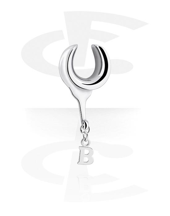 Tunnels & Plugs, Half tunnel (steel, silver, shiny finish) with charm with letter "B", Stainless Steel 316L, Plated Brass