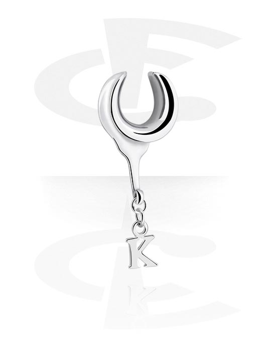Tunnels & Plugs, Half tunnel (steel, silver, shiny finish) with charm with letter "K", Stainless Steel 316L, Plated Brass