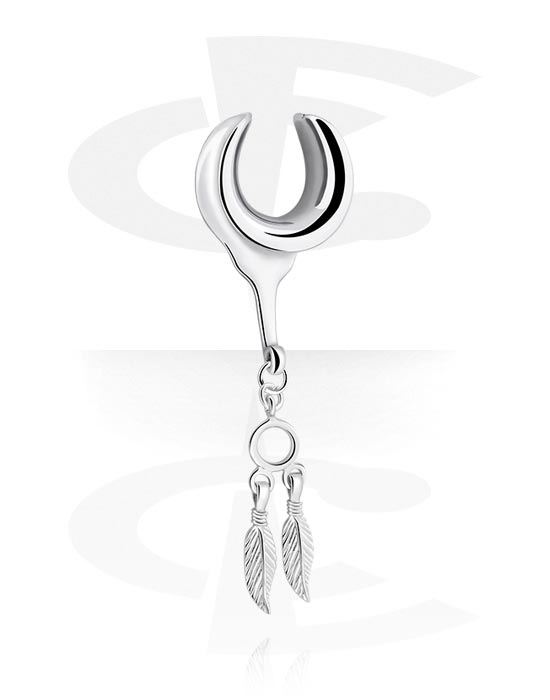 Tunnels & Plugs, Half tunnel (steel, silver, shiny finish) with feather charm, Stainless Steel 316L ,  Plated Brass