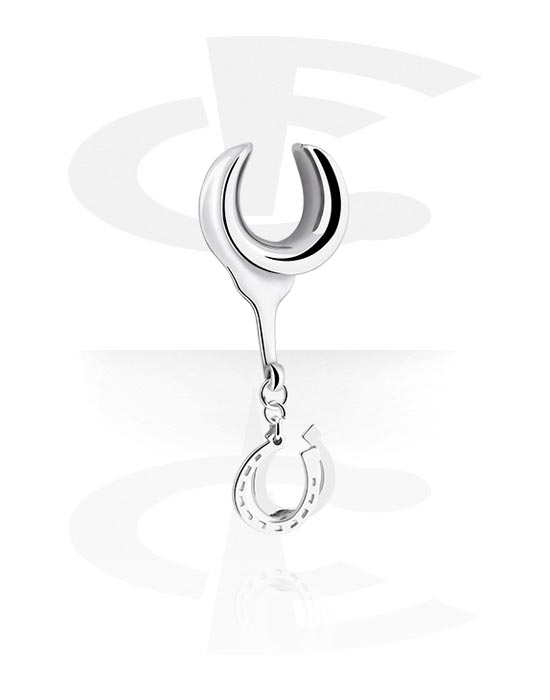 Tunnels & Plugs, Half tunnel (steel, silver, shiny finish) with horseshoe charm, Stainless Steel 316L ,  Plated Brass