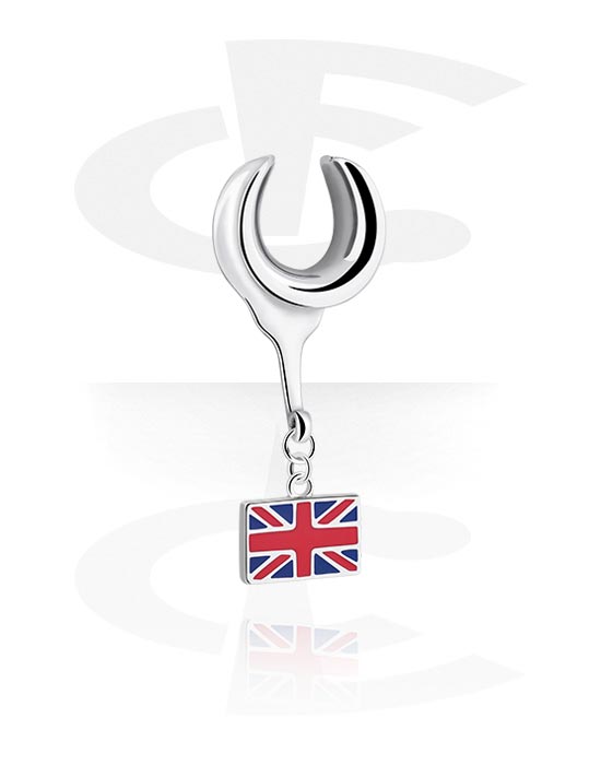 Tunnels & Plugs, Half tunnel (steel, silver, shiny finish) with "Union Jack" charm, Stainless Steel 316L, Plated Brass