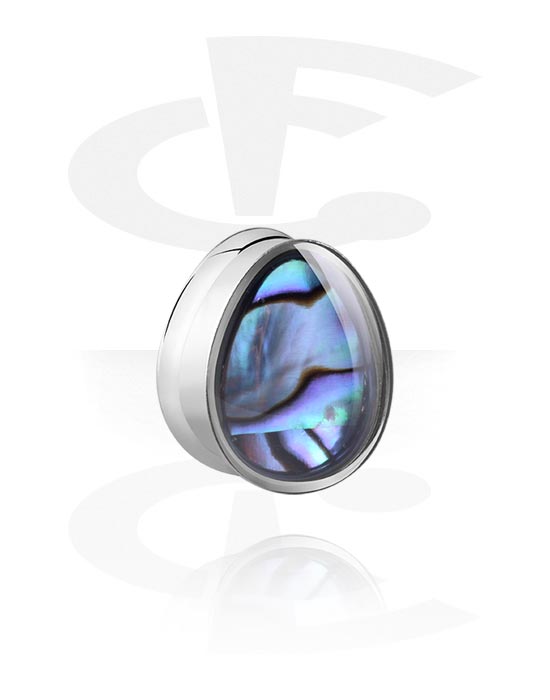 Tunnels & Plugs, Tear-shaped double flared plug (steel, silver, shiny finish) with imitation mother of pearl inlay, Stainless Steel 316L