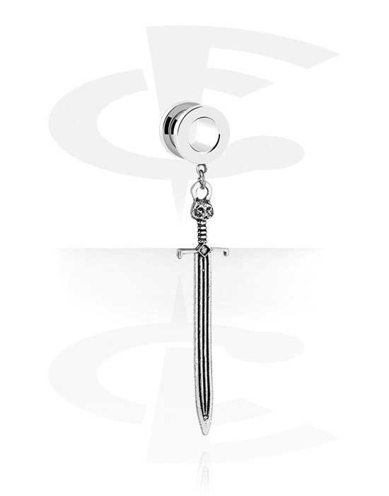 Tunnels & Plugs, Screw-on tunnel (steel, silver, shiny finish) with sword pendant, Stainless Steel 316L