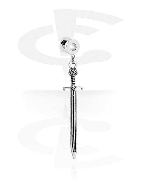 Tunneler & plugger, Screw-on tunnel (steel, silver, shiny finish) med sword pendant, Rustfritt stål 316L