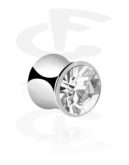 Tunnels & Plugs, Double flared plug (surgical steel, silver, shiny finish) with crystal stone, Surgical Steel 316L