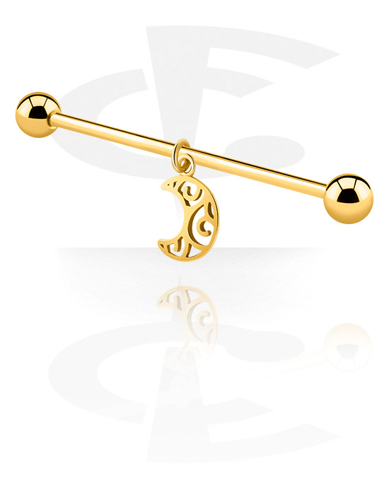 Barbells, Industrial Barbell with moon attachment, Gold Plated Surgical Steel 316L