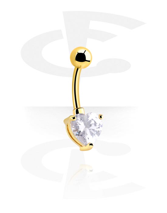 Barile curbate, Belly button ring (surgical steel, gold, shiny finish) cu Model inimă și Piatră cristal, Oțel chirurgical 316L placat cu aur.