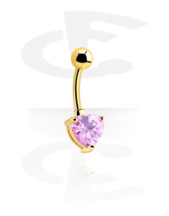 Curved Barbells, Belly button ring (surgical steel, gold, shiny finish) with heart design and crystal stone, Gold Plated Surgical Steel 316L