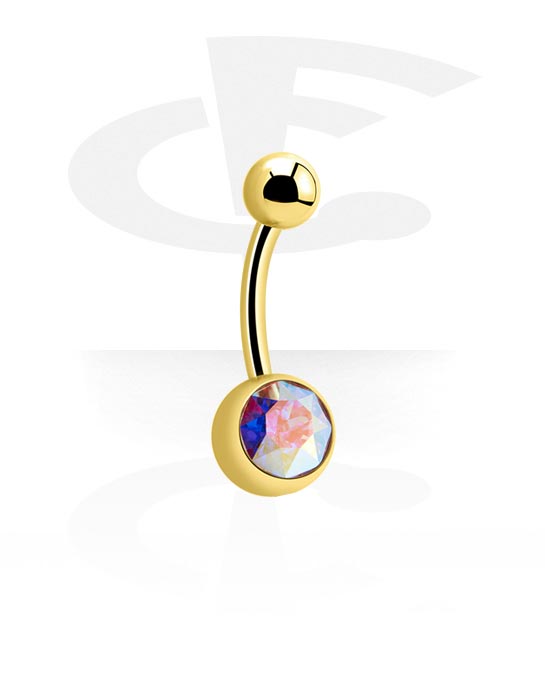 Curved Barbells, Belly button ring (surgical steel, gold, shiny finish) with crystal stones, Gold Plated Surgical Steel 316L