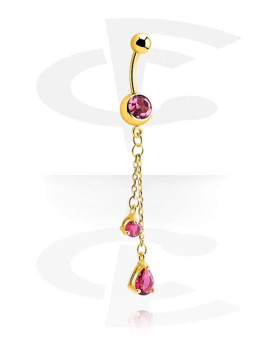 Curved Barbells, Belly button ring (surgical steel, gold, shiny finish) with charm and crystal stones, Gold Plated Surgical Steel 316L