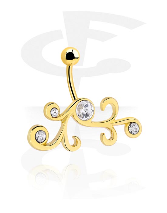 Curved Barbells, Belly button ring (surgical steel, gold, shiny finish) met kristalsteentjes, Verguld chirurgisch staal 316L