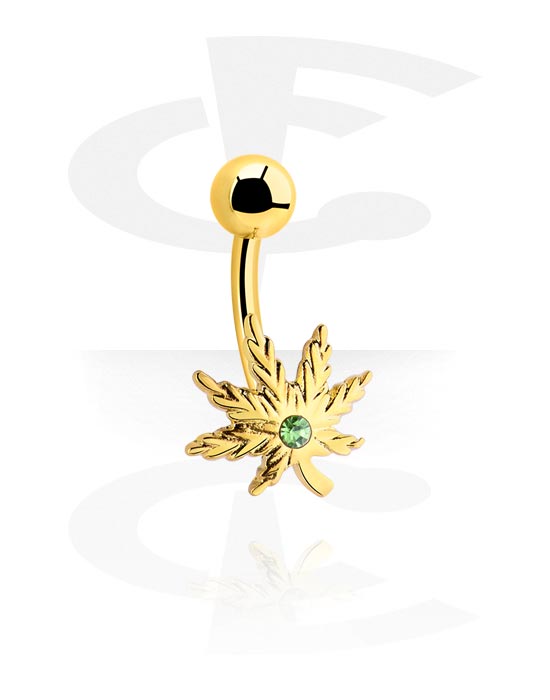 Curved Barbells, Belly button ring (surgical steel, gold, shiny finish) with Marijuana leaf and crystal stone, Gold Plated Surgical Steel 316L