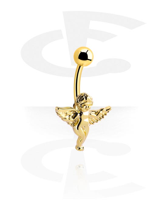 Curved Barbells, Belly button ring (surgical steel, gold, shiny finish) with angel design, Gold Plated Surgical Steel 316L