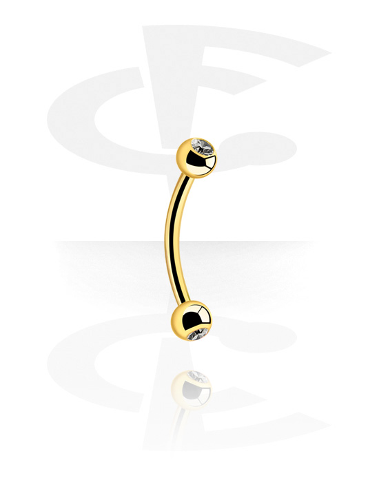 Curved Barbells, Banana (surgical steel, gold, shiny finish) with crystal stones, Gold Plated Surgical Steel 316L