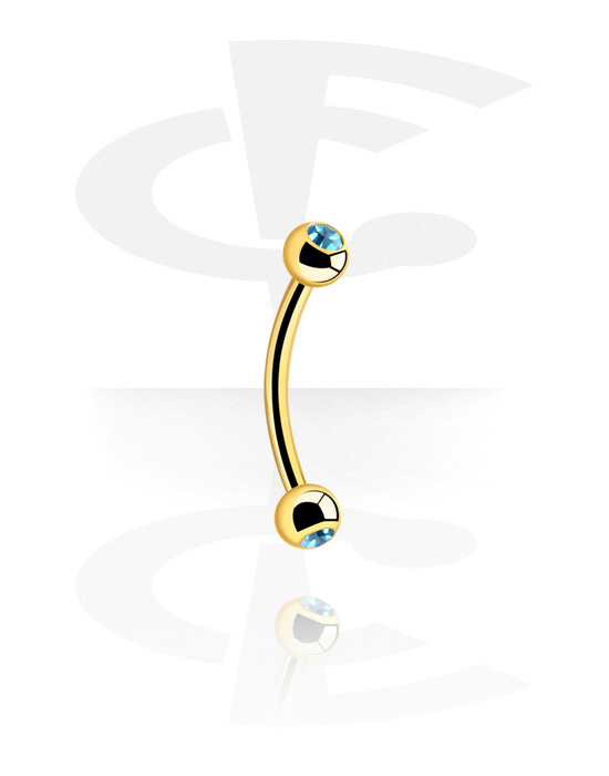 Curved Barbells, Banana (surgical steel, gold, shiny finish) with crystal stones, Gold Plated Surgical Steel 316L