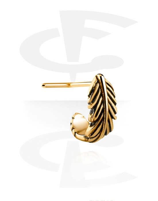 Nesestaver og -ringer, L-shaped nose stud (surgical steel, gold, shiny finish) med feather attachment, Gold Plated Surgical Steel 316L