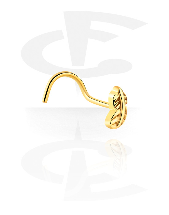 Medicinke i alkice za nos, Curved nose stud (surgical steel, gold, shiny finish) s Feather Design, Pozlaćeni kirurški čelik 316L