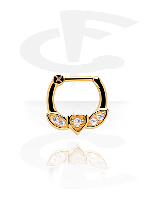 Nesestaver og -ringer, Septum Clicker med Heart og crystal stones, Gold Plated Surgical Steel 316L