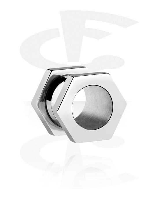 Tunele & plugi, Hexagon-shaped screw-on tunnel (surgical steel, silver, shiny finish), Stal chirurgiczna 316L