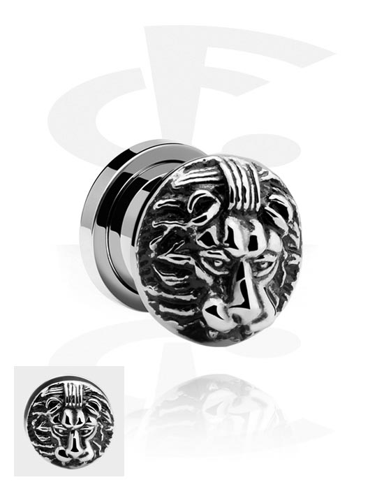 Tunneler & plugger, Screw-on tunnel (surgical steel, silver) med lion design, Surgical Steel 316L