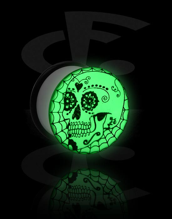 Tuneli & čepi, "Glow in the dark" single flared plug (acrylic) z black and white sugar skull "Dia de Los Muertos" design , Akril