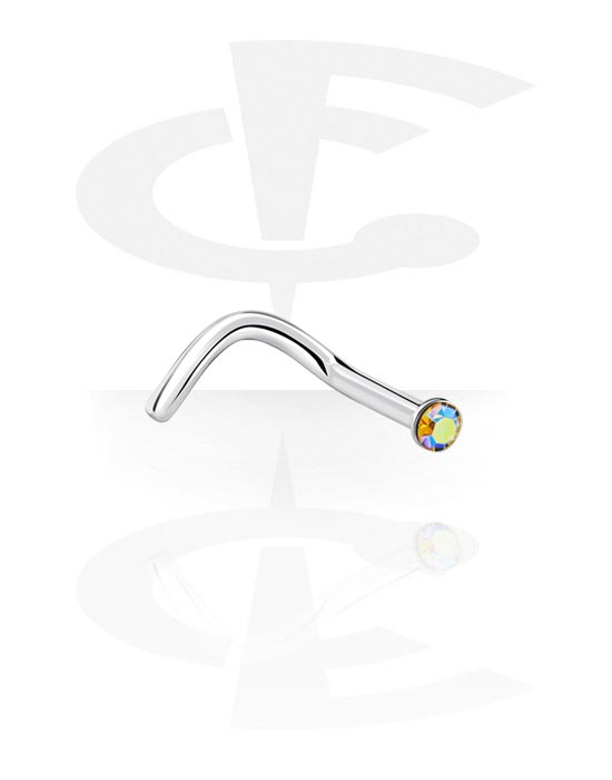Nesestaver og -ringer, Curved nose stud (surgical steel, silver, shiny finish) med crystal stone, Surgical Steel 316L