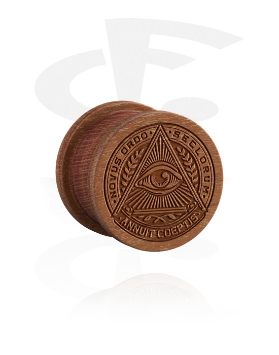 Tunnels & Plugs, Ribbed plug (wood) with laser engraving "Eye of Providence", Cherry Wood