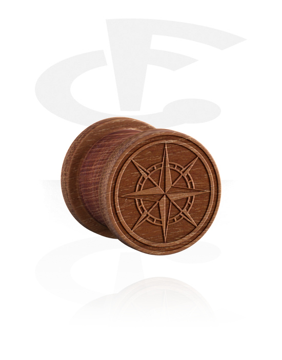 Tunnels & Plugs, Ribbed plug (wood) with laser engraving "compass", Cherry Wood