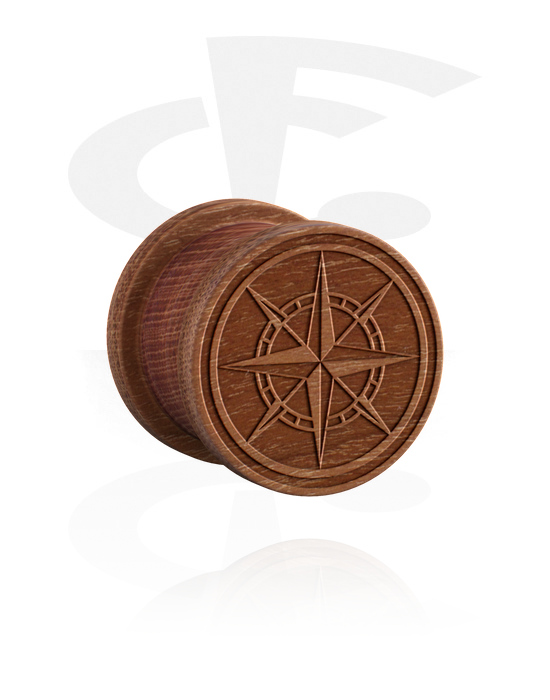 Tunneler & plugger, Ribbed plug (wood) med laser engraving "compass", cherry wood