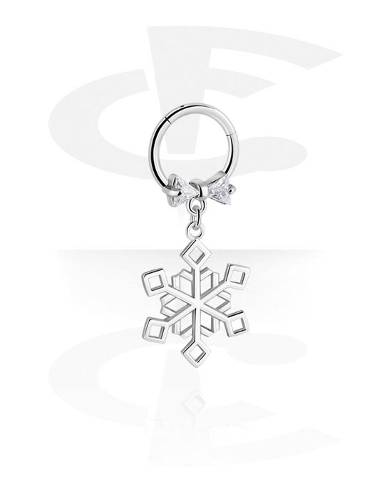 Piercing Rings, Piercing clicker (surgical steel, silver, shiny finish) with bow and snowflake charm, Surgical Steel 316L, Plated Brass