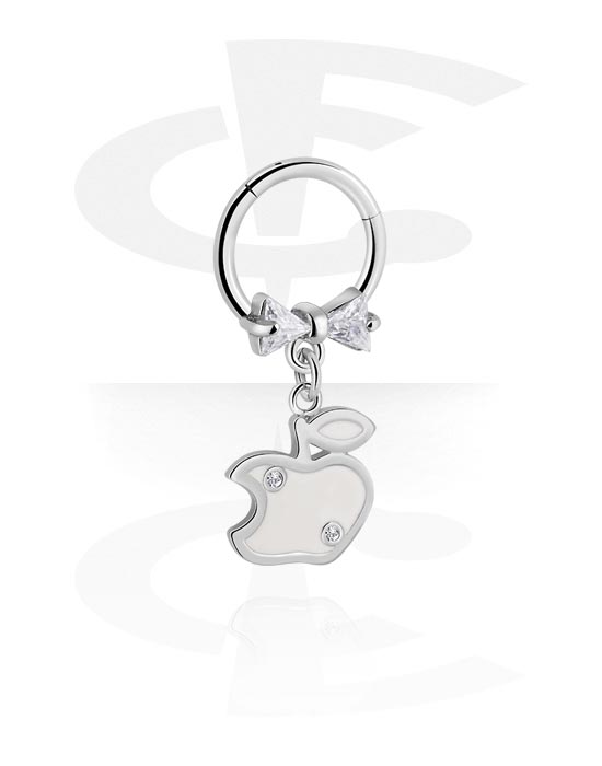 Piercing Rings, Piercing clicker (surgical steel, silver, shiny finish) with apple charm and crystal stones, Surgical Steel 316L, Plated Brass