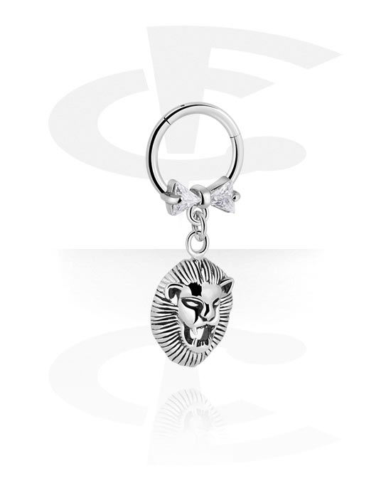 Piercing Rings, Piercing clicker (surgical steel, silver, shiny finish) with lion charm and crystal stones, Surgical Steel 316L, Plated Brass
