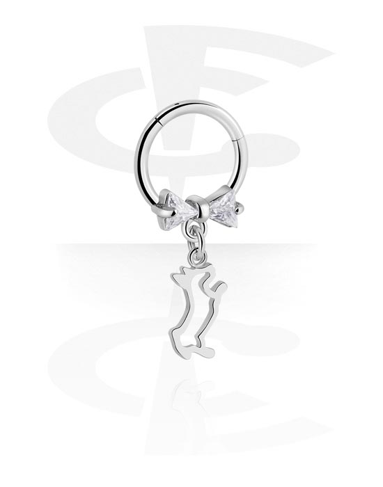 Piercing Rings, Piercing clicker (surgical steel, silver, shiny finish) with bow and dog charm, Surgical Steel 316L, Plated Brass