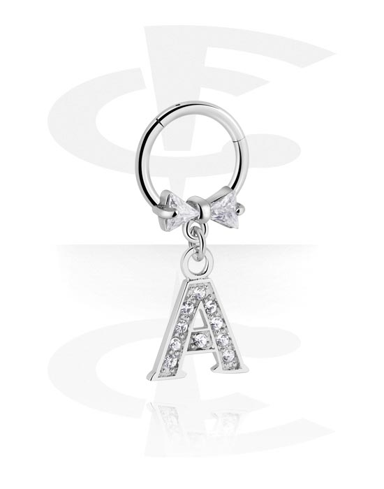 Piercing Rings, Piercing clicker (surgical steel, silver, shiny finish) with bow and charm with letter "A", Surgical Steel 316L, Plated Brass