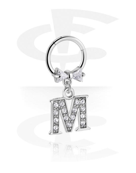 Piercing Rings, Piercing clicker (surgical steel, silver, shiny finish) with bow and charm with letter "M", Surgical Steel 316L, Plated Brass