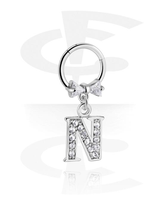 Piercing Rings, Piercing clicker (surgical steel, silver, shiny finish) with bow and charm with letter "N", Surgical Steel 316L, Plated Brass
