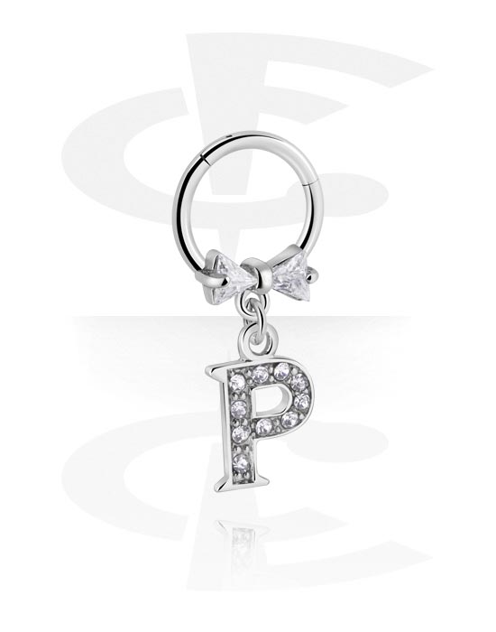 Piercingringar, Multi-purpose clicker (surgical steel, silver, shiny finish) med rosett och charm with letter "P", Kirurgiskt stål 316L, Överdragen mässing