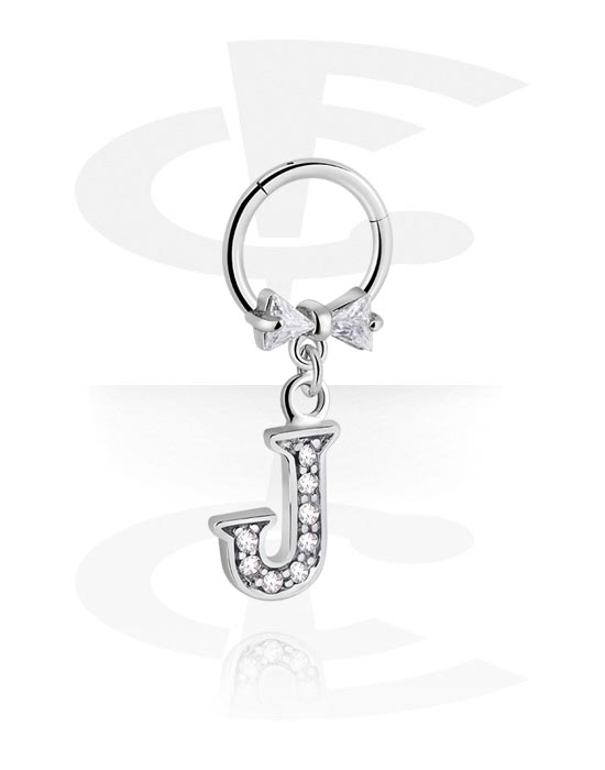 Piercing Rings, Piercing clicker (surgical steel, silver, shiny finish) with bow and charm with letter "J", Surgical Steel 316L, Plated Brass