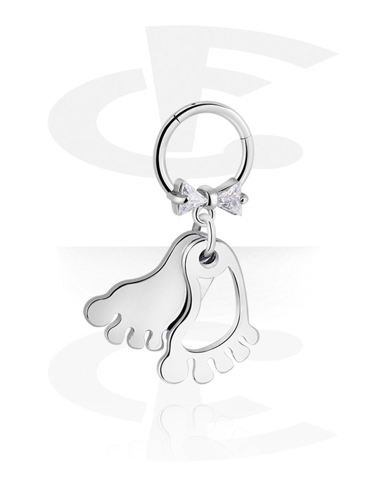 Piercing Rings, Piercing clicker (surgical steel, silver, shiny finish) with bow and foot charm, Surgical Steel 316L, Plated Brass