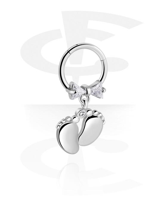 Piercing Rings, Piercing clicker (surgical steel, silver, shiny finish) with foot charm and crystal stones, Surgical Steel 316L, Plated Brass