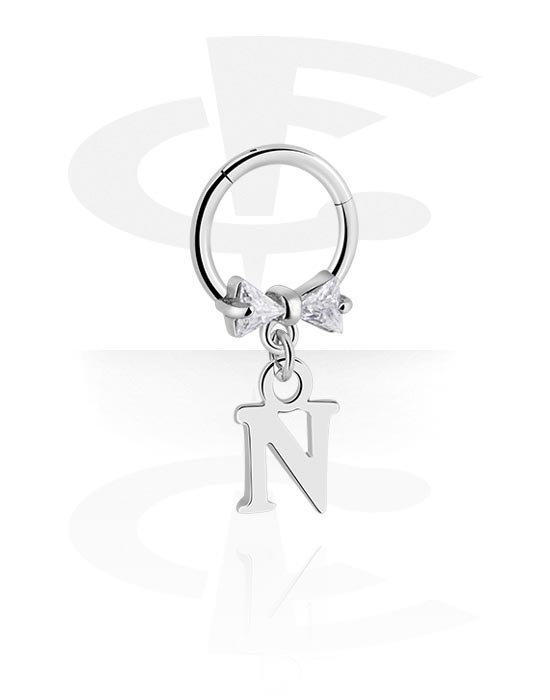 Piercing Rings, Piercing clicker (surgical steel, silver, shiny finish) with letter charm and charm with letter "N", Surgical Steel 316L, Plated Brass