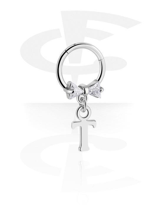Piercing Rings, Piercing clicker (surgical steel, silver, shiny finish) with letter charm and charm with letter "T", Surgical Steel 316L, Plated Brass