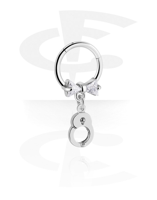 Piercing Rings, Piercing clicker (surgical steel, silver, shiny finish) with bow and handcuff charm, Surgical Steel 316L, Plated Brass