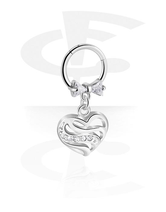 Piercing Rings, Piercing clicker (surgical steel, silver, shiny finish) with bow and heart charm, Surgical Steel 316L, Plated Brass