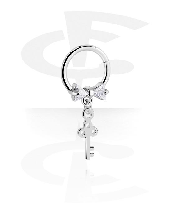 Piercing Rings, Piercing clicker (surgical steel, silver, shiny finish) with bow and key charm, Surgical Steel 316L, Plated Brass