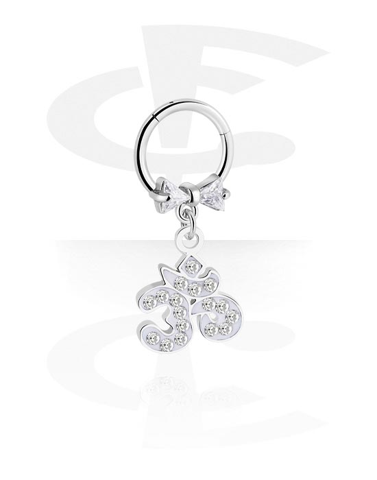 Piercing Rings, Piercing clicker (surgical steel, silver, shiny finish) with 'Om' charm and crystal stones, Surgical Steel 316L, Plated Brass